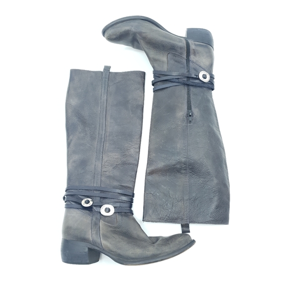 Freebird by Steven Black Brown Leather Knee High Strappy Texan Style Boots Sz 9 - Picture 2 of 12